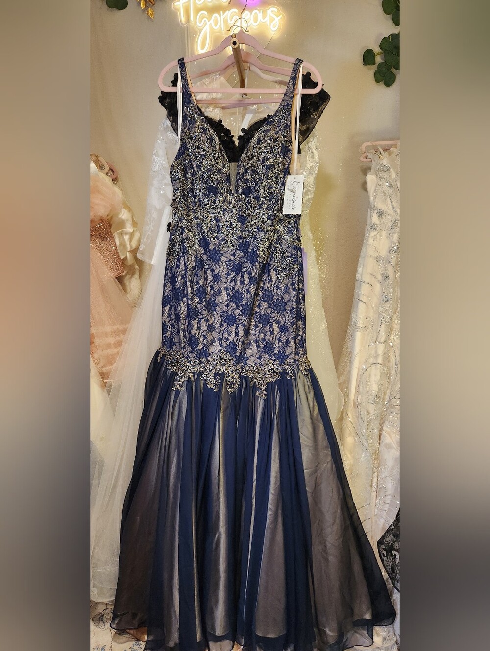 NWT Envious Couture Size 14 Navy Prom Dress Lace Chiffon Mermaid - Picture 3 of 9